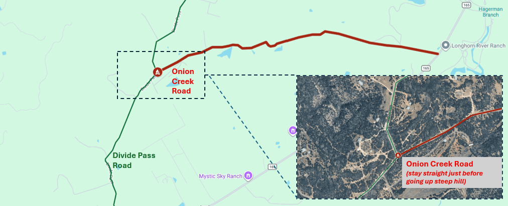 Map showing the emergency escape route from Divide Pass Road through Onion Creek Road